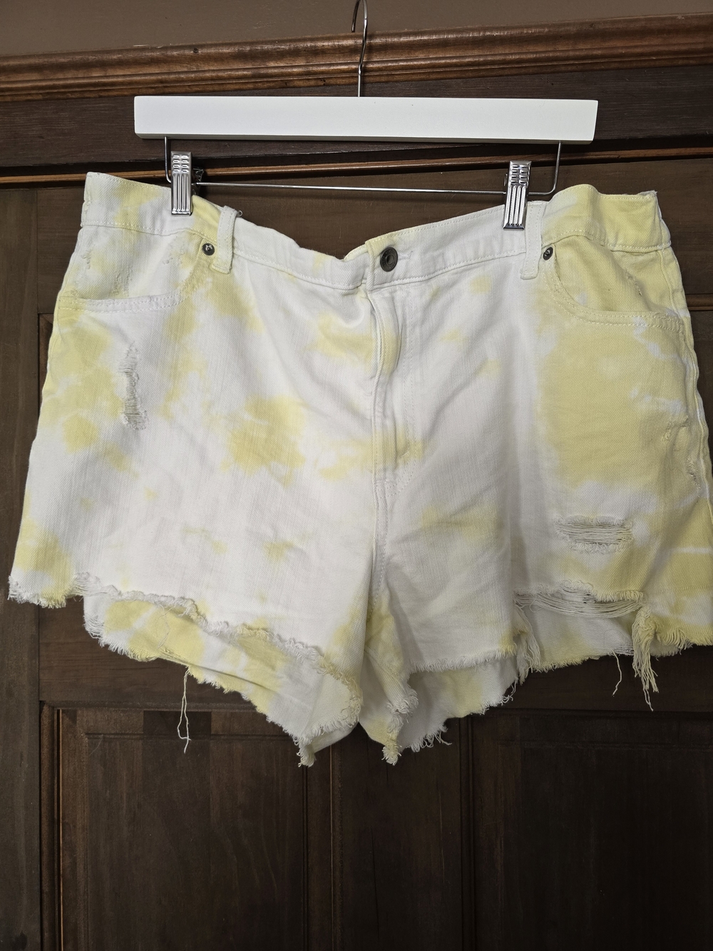 O aerie White and Yellow Tie-Dye Distressed Denim Shorts XXL